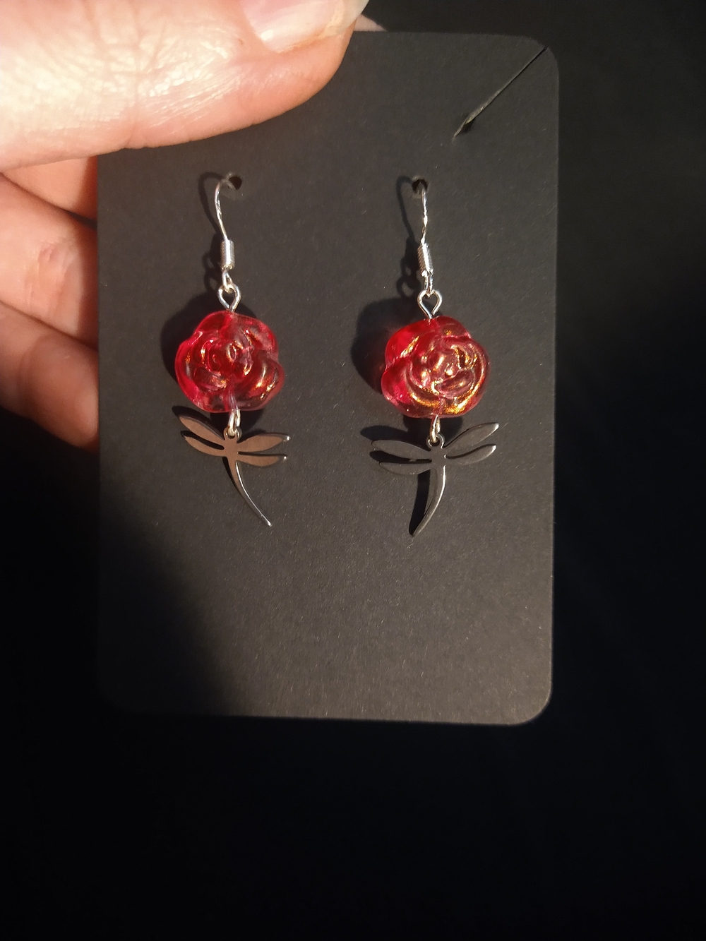 Red Rose Dragonfly Drop Earrings - Women Jewelry